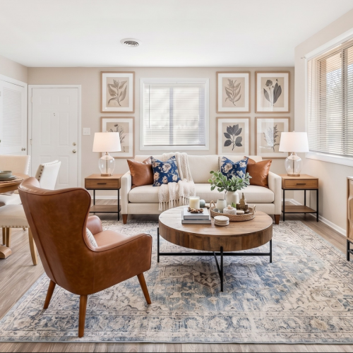  Bright apartment living room with a cream sofa, cognac leather accent chair, round wood coffee table, large area rug, and warm neutral décor.