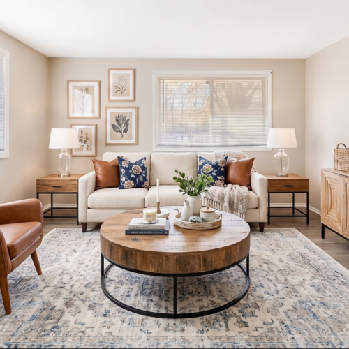  Bright apartment living room with a cream sofa, cognac leather accent chair, round wood coffee table, large area rug, and warm neutral décor.